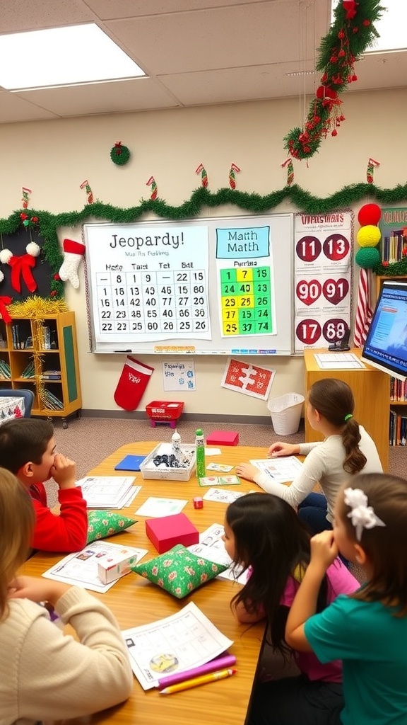 Students playing Christmas math games in a decorated classroom, enjoying learning.